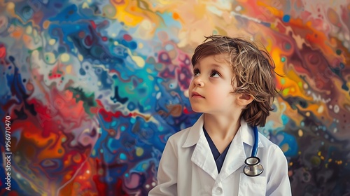 Young child in a doctor's outfit, with a vivid and colorful backdrop, capturing the innocence and imagination of childhood. photo