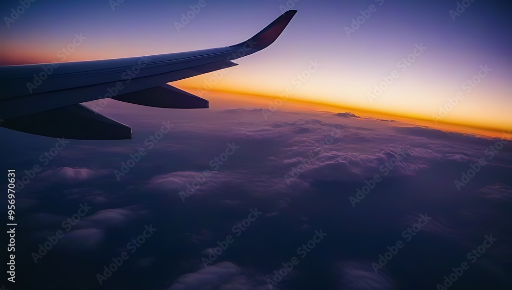 beautiful sunset sky viewed airplane cabin dramatic light cloud formations beautiful sunset sky viewed airplane cabin dramatic light cloud formations