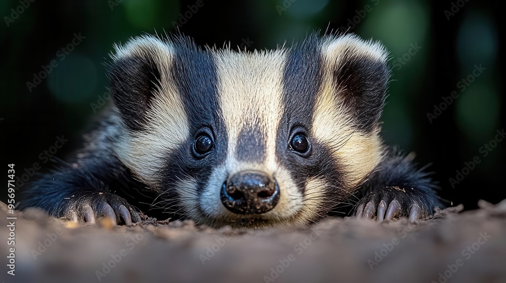 closeup portrait of a european badger intricate fur detail piercing eyes and distinctive black and white striped face natural forest backdrop with soft bokeh effect closeup portrait of a european badger intricate fur detail piercing eyes and distinctive black and white striped face natural forest backdrop with soft bokeh effect