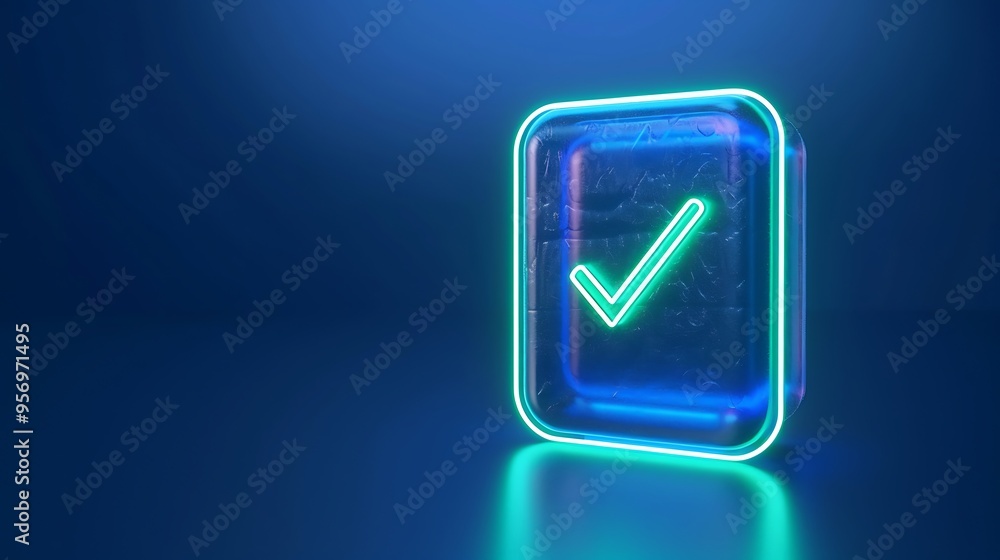 Glowing neon checkmark in a glass box on a blue background. Symbol of verification, approval, or validation in modern design. Glowing neon checkmark in a glass box on a blue background. Symbol of verification, approval, or validation in modern design.
