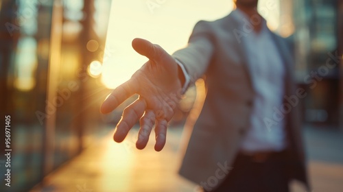 A confident person reaching out to shake hands in a professional setting, symbolizing the act of introducing oneself