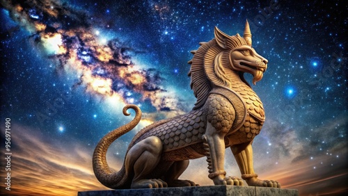 Ancient Mesopotamian dragon god statue with serpent-like body and lion's head, symbolizing power and fertility, set against a mystical, starry night sky background. photo