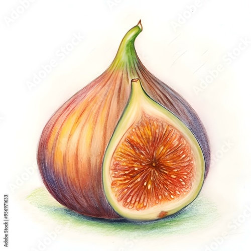 A hand drawn illustration of a halved fig with intricate detail.