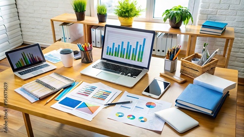 Wallpaper Mural A neatly organized desk with a laptop, tablet, and multiple folders containing charts, graphs, and reports, surrounded by piles of papers and office supplies. Torontodigital.ca