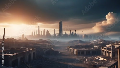 end world concept destroyed skyline detailed digital illustration transparent background