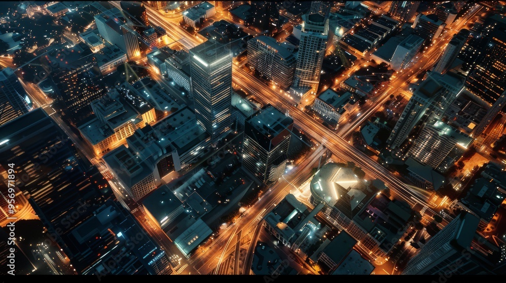 A vibrant cityscape at night, displaying a bustling network of illuminated streets and high-rise buildings with glowing lights. A vibrant cityscape at night, displaying a bustling network of illuminated streets and high-rise buildings with glowing lights.