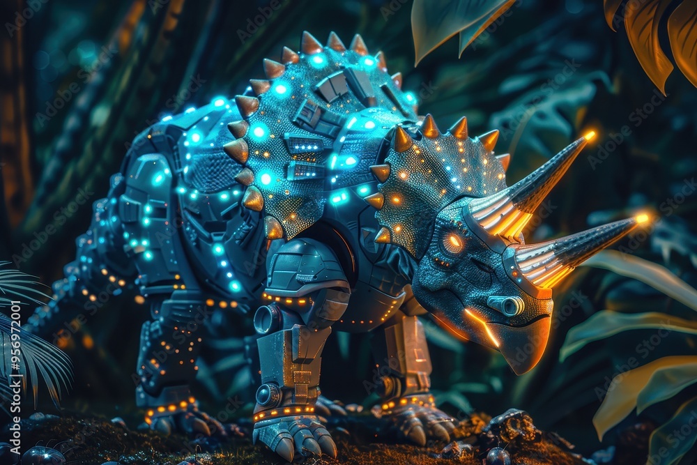 A Triceratops dinosaur robot on a white background A Triceratops dinosaur robot on a white background