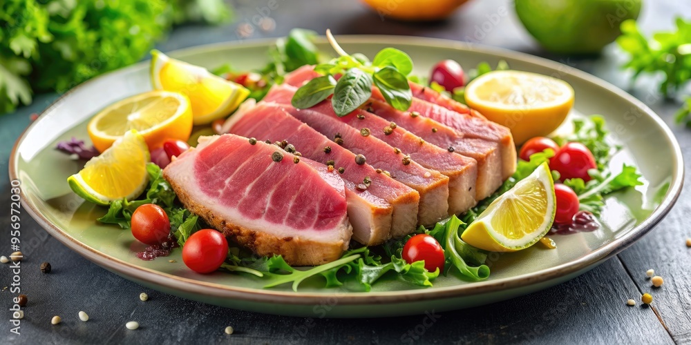 Freshly grilled tuna ahi served with a colorful salad and a squeeze of lemon , seafood, ahi tuna, grilled, healthy, salad Freshly grilled tuna ahi served with a colorful salad and a squeeze of lemon , seafood, ahi tuna, grilled, healthy, salad