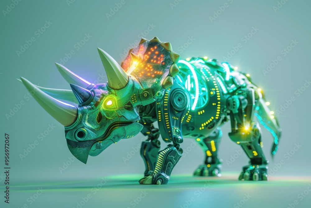 A Triceratops dinosaur robot on a white background A Triceratops dinosaur robot on a white background