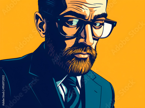 Portrait of a bearded man in glasses and a suit. Vector illustration.
