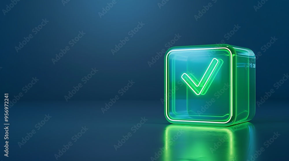 Green check mark inside transparent cube on blue background. Concept of approval, success, and validation. Green check mark inside transparent cube on blue background. Concept of approval, success, and validation.