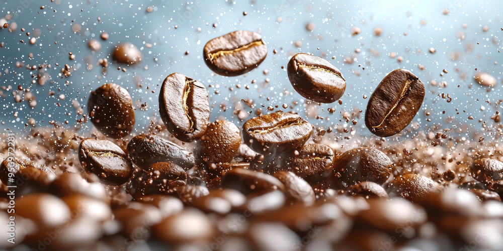 Coffee beans flying in the air with a blue background. Coffee beans flying in the air with a blue background.