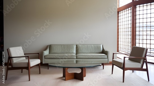 A mid-century, retro, vintage style living room with a light green leather sofa against a wall. The room has a modern design with a rug, a wooden coffee table and a few potted plants.