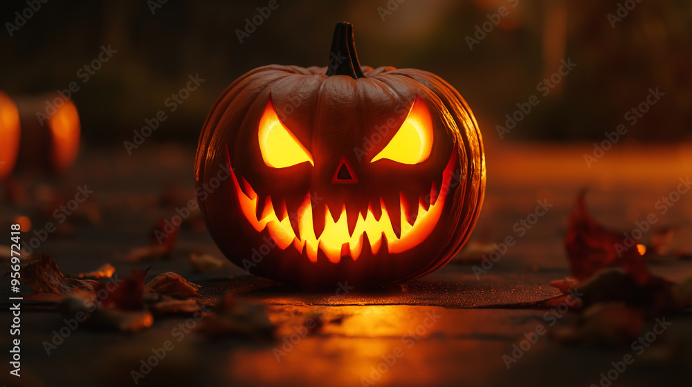 Halloween themed pumpkin with scary lighting face on beautiful background Halloween themed pumpkin with scary lighting face on beautiful background