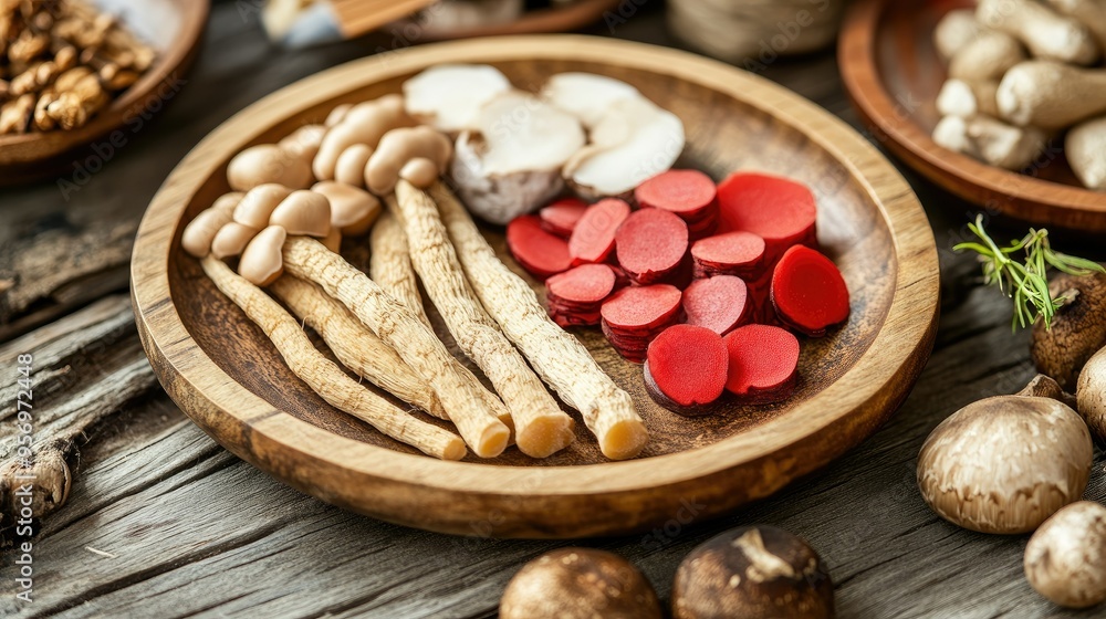 Fototapeta premium Traditional Chinese herbal medicine ingredients displayed in a wooden dish. Ginseng, red ginseng, and reishi mushrooms presented as natural solutions for health.