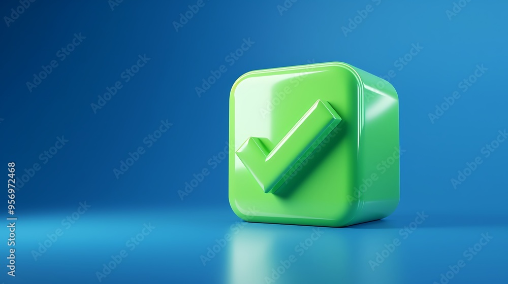 Green checkbox symbol on a cube with a blue background signifying approval, validation, agreement or completion in a 3D rendering. Green checkbox symbol on a cube with a blue background signifying approval, validation, agreement or completion in a 3D rendering.