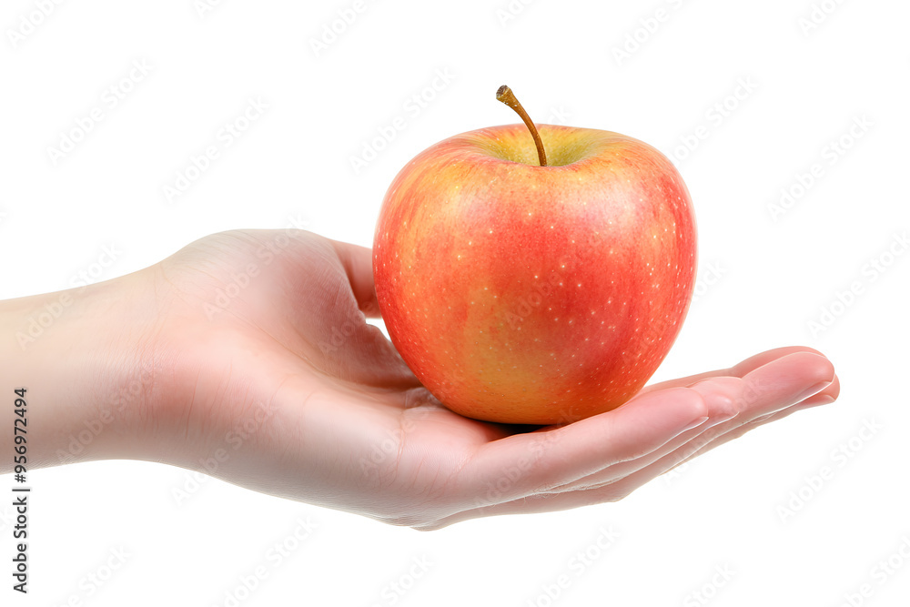 Female hand holding red apple isolated on white background Female hand holding red apple isolated on white background