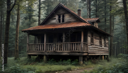 A dilapidated wooden house against a backdrop of thick forest