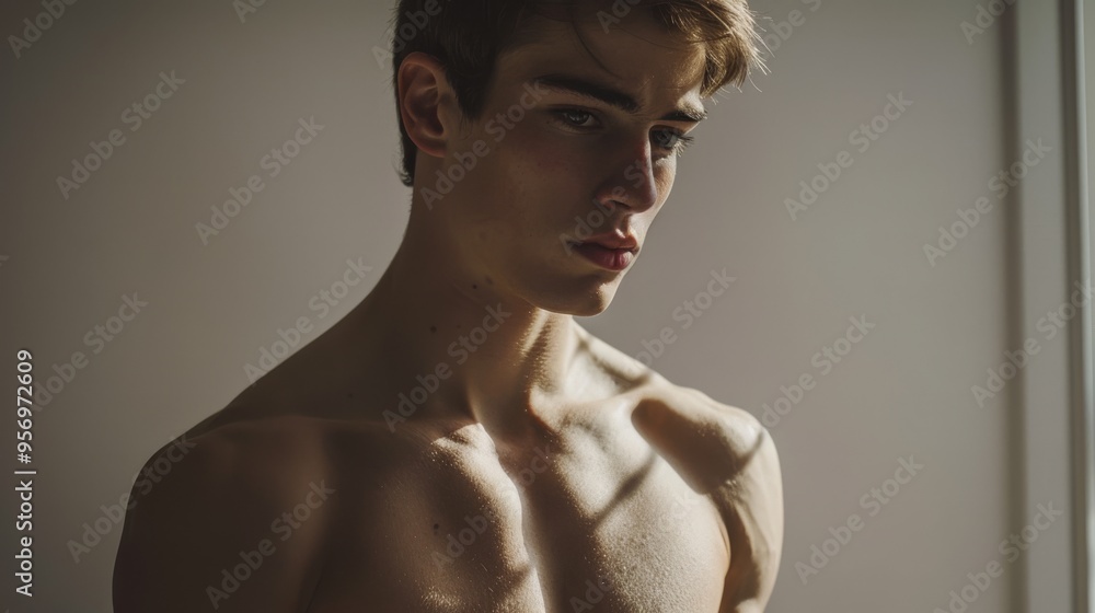 A young shirtless man in a contemplative pose, with soft lighting highlighting his chiseled features and casting shadows that add depth to his expression. A young shirtless man in a contemplative pose, with soft lighting highlighting his chiseled features and casting shadows that add depth to his expression.