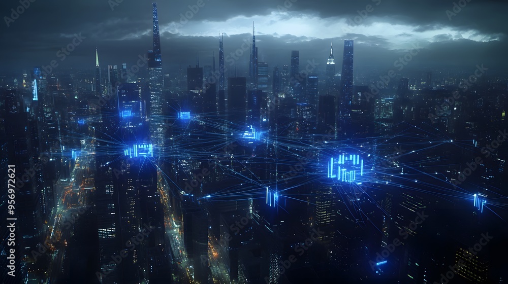 Obraz premium Digital cityscape with interconnected networks and digital elements, representing the integration of smart urban technology in an evening setting