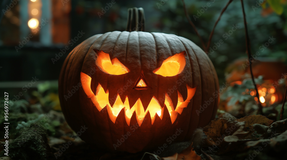 Halloween themed pumpkin with scary lighting face on beautiful background Halloween themed pumpkin with scary lighting face on beautiful background