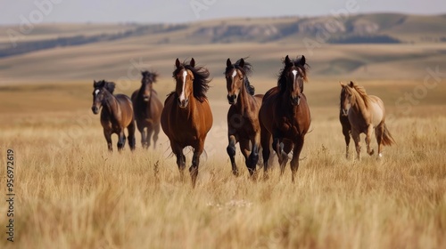 Herd of wild horses running through an open prairie