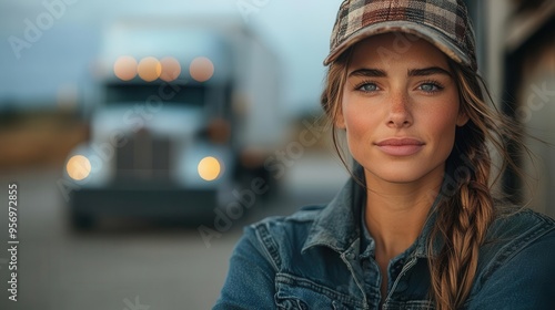 confident female truck driver standing proudly in front of her large semitruck industrial background warm lighting emphasizing strength and professionalism