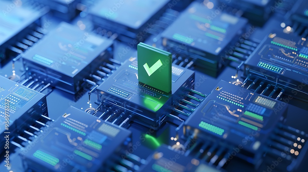 Green checkmark on a computer chip representing successful technology integration or system validation. Green checkmark on a computer chip representing successful technology integration or system validation.