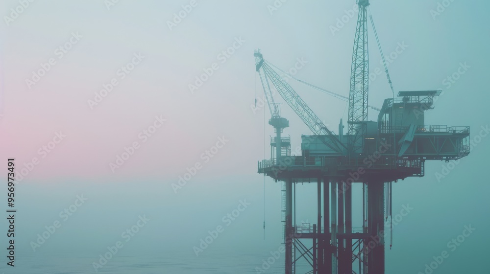 An offshore oil platform surrounded by a serene fog in the early morning, symbolizes the balance of human innovation and nature's calm. An offshore oil platform surrounded by a serene fog in the early morning, symbolizes the balance of human innovation and nature's calm.