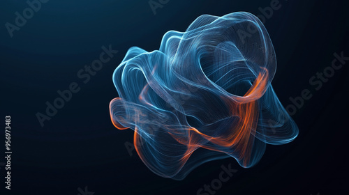 Abstract 3D rendition of twisting blue and orange lines forming a fluid, organic shape against a dark background.