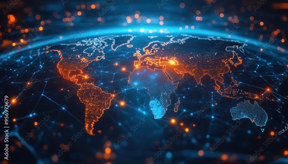 Fototapeta premium Abstract digital world map and global network connections background with orange and blue glowing light effects. Digital technology and internet banner. Backdrop
