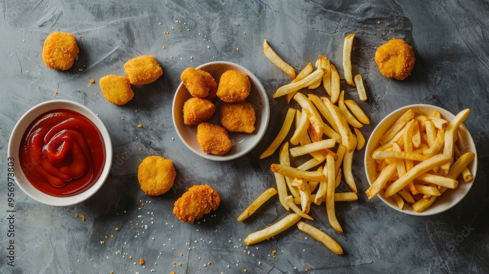 Crispy nuggets and golden fries are paired with a bowl of ketchup, laid out on a textured gray background for a delicious snack presentation. Crispy nuggets and golden fries are paired with a bowl of ketchup, laid out on a textured gray background for a delicious snack presentation.