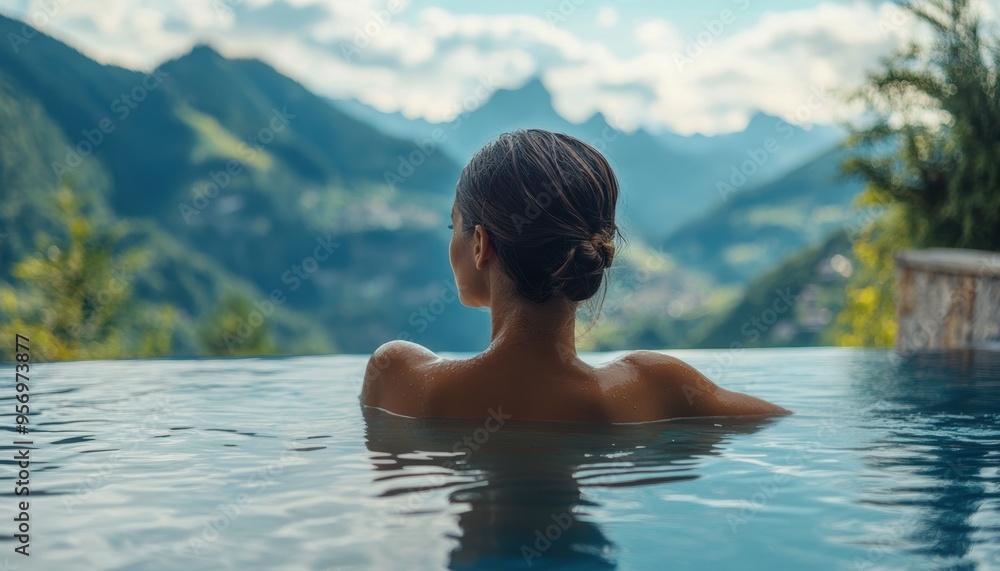 Woman in the pool looking out at mountain view. Landscapes. Woman in the pool looking out at mountain view. Landscapes.