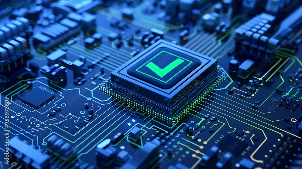 High-tech computer motherboard with a highlighted CPU and green checkmark, symbolizing successful operation and quality assurance. High-tech computer motherboard with a highlighted CPU and green checkmark, symbolizing successful operation and quality assurance.