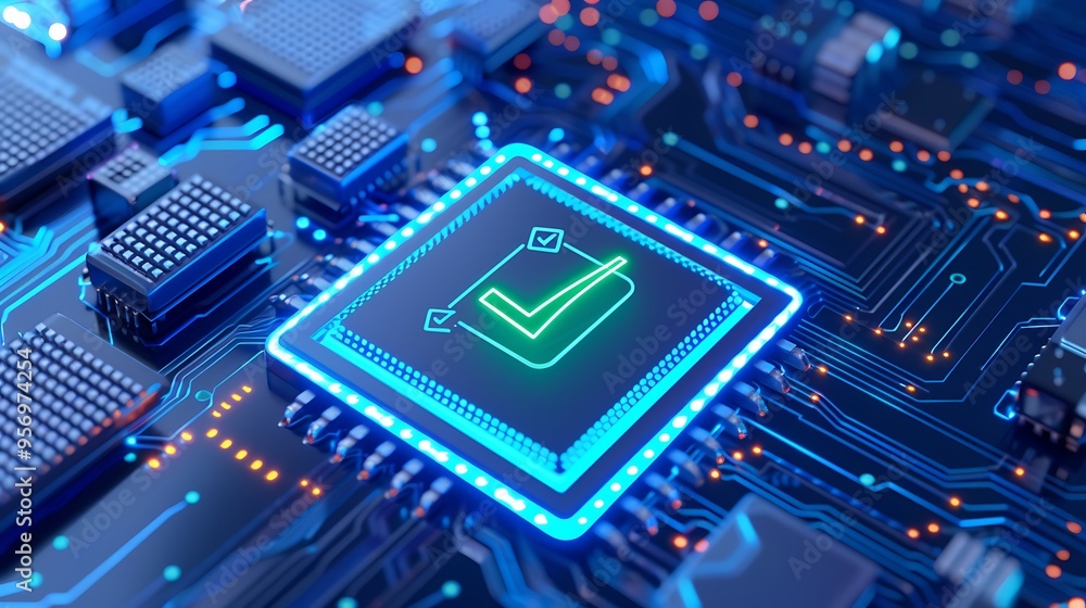 High-tech microchip on a circuit board with a glowing checkmark symbol, representing accuracy, technology, and cybersecurity. High-tech microchip on a circuit board with a glowing checkmark symbol, representing accuracy, technology, and cybersecurity.