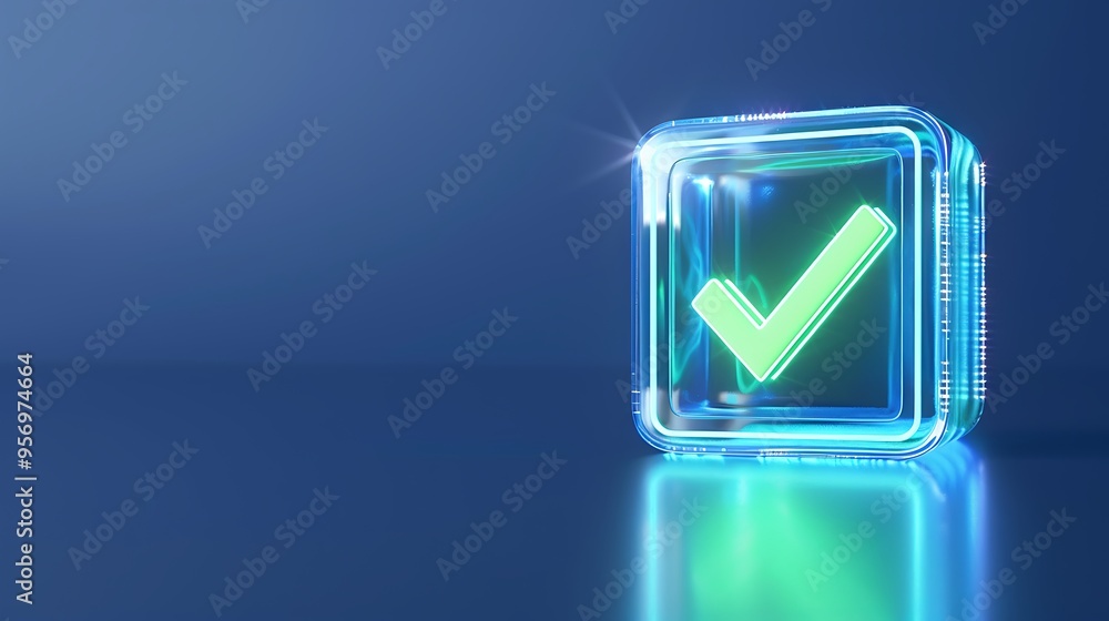 Illuminated green checkmark inside a glowing transparent cube, symbolizing approval or confirmation on a sleek blue background. Illuminated green checkmark inside a glowing transparent cube, symbolizing approval or confirmation on a sleek blue background.