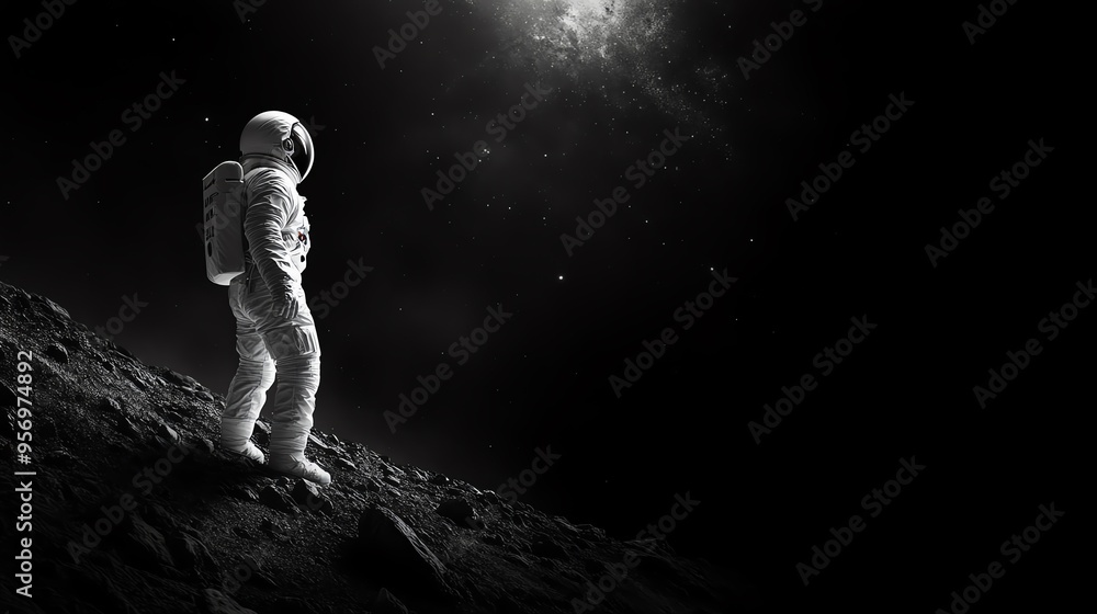 Astronaut exploring the moon's surface under a starry sky, showcasing the beauty of space exploration in a dramatic black-and-white photo. Astronaut exploring the moon's surface under a starry sky, showcasing the beauty of space exploration in a dramatic black-and-white photo.