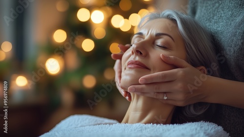 Relaxing facial treatment for a woman in a cozy spa during the holiday season with soft lights in the background