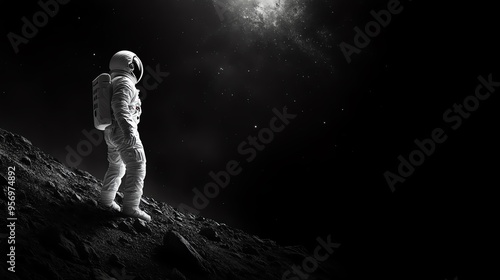 Astronaut exploring the moon's surface under a starry sky, showcasing the beauty of space exploration in a dramatic black-and-white photo.