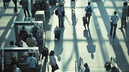 A diverse group of people with suitcases and backpacks move purposefully through an airport terminal under the afternoon sun, casting long shadows on the floor. photo