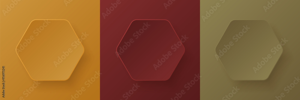 Set of autumn colored 3D hexagon circles frames with soft light and shadow. Minimal papercut pedestal podium in top view with text copy space. Badge emboss texture collection design. Set of autumn colored 3D hexagon circles frames with soft light and shadow. Minimal papercut pedestal podium in top view with text copy space. Badge emboss texture collection design.