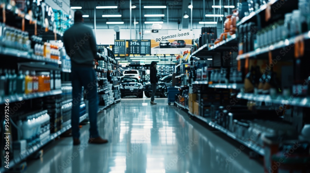 A busy supermarket aisle captured in a soft focus, with shelves stocked full of groceries and a person at the far end, giving a sense of bustling daily life. A busy supermarket aisle captured in a soft focus, with shelves stocked full of groceries and a person at the far end, giving a sense of bustling daily life.