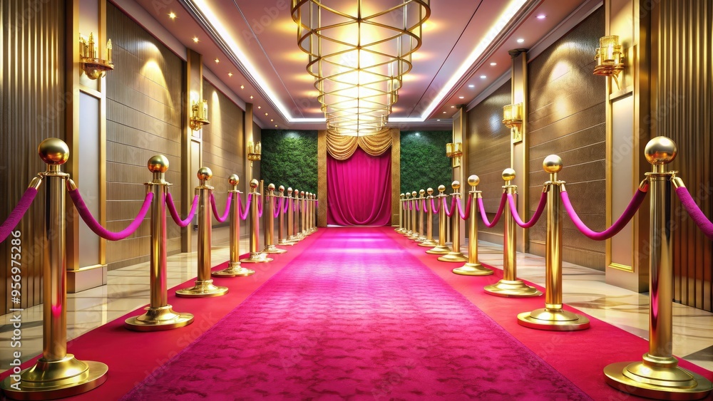 Luxurious velvet rope entrance with bright pink carpet, golden stanchions, and glamorous lighting, exuding exclusivity and high-end sophistication in a luxurious setting. Luxurious velvet rope entrance with bright pink carpet, golden stanchions, and glamorous lighting, exuding exclusivity and high-end sophistication in a luxurious setting.