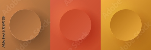 Set of autumn colored 3D round circles frames with soft light and shadow. Minimal papercut pedestal podium in top view with text copy space. Badge emboss texture collection design.