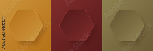 Set of autumn colored 3D hexagon circles frames with soft light and shadow. Minimal papercut pedestal podium in top view with text copy space. Badge emboss texture collection design.