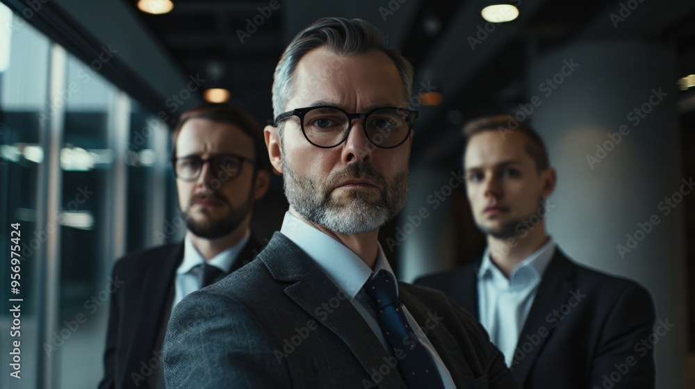 Three businessmen standing confidently in a modern office corridor, wearing serious expressions and conveying a sense of leadership and determination. Three businessmen standing confidently in a modern office corridor, wearing serious expressions and conveying a sense of leadership and determination.