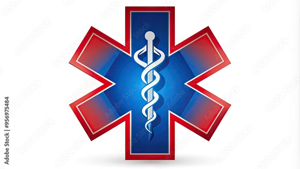 Sleek, modern emergency medical technician symbol in bold red and blue vector graphics, featuring a star of life and snake emblem on a white background. Sleek, modern emergency medical technician symbol in bold red and blue vector graphics, featuring a star of life and snake emblem on a white background.