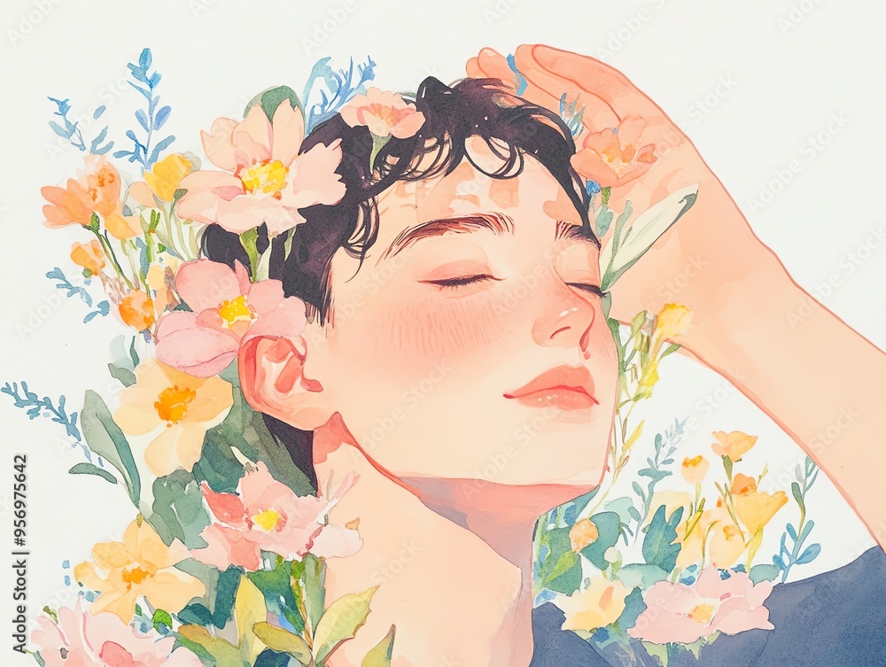 Illustration of a serene person surrounded by blooming flowers, exuding tranquility and harmony in nature. Illustration of a serene person surrounded by blooming flowers, exuding tranquility and harmony in nature.