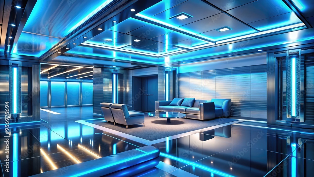 Sleek, modern, futuristic room with metallic walls, floor, and ceiling, illuminated by soft, blue-hued LED lights, evoking a sense of high-tech sophistication and industrial chic. Sleek, modern, futuristic room with metallic walls, floor, and ceiling, illuminated by soft, blue-hued LED lights, evoking a sense of high-tech sophistication and industrial chic.
