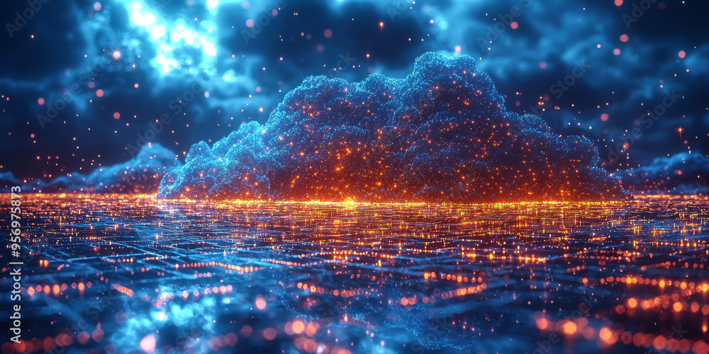 Abstract representation of a cloud computing network with glowing lights. Abstract representation of a cloud computing network with glowing lights.